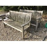 Two Nova garden furniture slatted benches together with two hose reels and a stirrup pump and