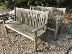 Two Nova garden furniture slatted benches together with two hose reels and a stirrup pump and