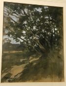 PAUL GAISFORD "Landscape with Tree in Foreground", watercolour heightened with white,