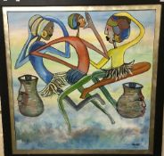 JOCKEY "Three African women with face decorated vessels" oil on board,