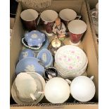 Two boxes of assorted decorative china wares to include Tuscan part tea set decorated with pink