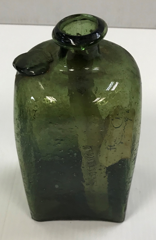An 18th century four sided green glass bottle with seal to shoulder 18.5 cm high x 9 cm x 7. - Image 2 of 5