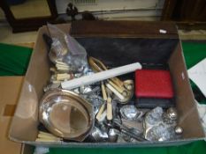 A box of assorted plated and other cutlery, together with a four bottle cruet,