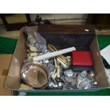 A box of assorted plated and other cutlery, together with a four bottle cruet,