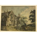 19TH CENTURY ENGLISH SCHOOL "Figure and cattle before a country house" watercolour,
