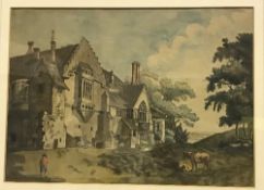 19TH CENTURY ENGLISH SCHOOL "Figure and cattle before a country house" watercolour,