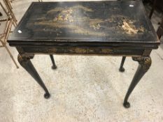 An early 20th Century black lacquered and chinoiserie decorated fold over card table,