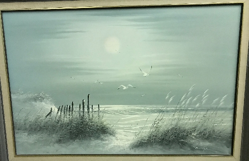 DUNLOP "Coastal scene with seagulls, sea grass in foreground" monochrome oil on canvas,