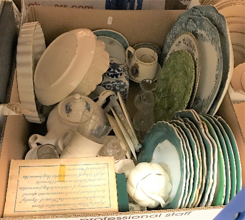 Three boxes of assorted decorative china wares to include Wedgwood Jasperware pin dishes,