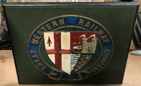 A painted cast metal GWR railway plaque inscribed "Great Western Railway Company" and bearing