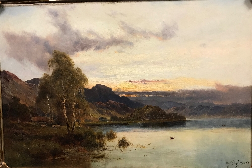 ALFRED DE BREANSKI (1852-1928) "Loch landscape with ducks alighting,