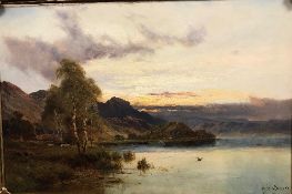 ALFRED DE BREANSKI (1852-1928) "Loch landscape with ducks alighting,