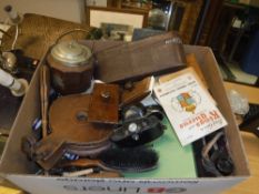 A box of assorted sundry items to include a pair of wooden bellows