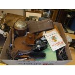 A box of assorted sundry items to include a pair of wooden bellows