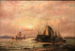 WILLIAM H THORNLEY (1857-1935) "Coastal scene with fishing boats and fishermen on the shoreline at