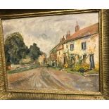 KATE KITTY KAUFMANN "Rural street scene with roadside cottages" oil on canvas,