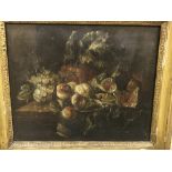19TH CENTURY CONTINENTAL SCHOOL "Figs, peaches and grapes on a ledge" a still life study,