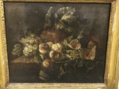 19TH CENTURY CONTINENTAL SCHOOL "Figs, peaches and grapes on a ledge" a still life study,