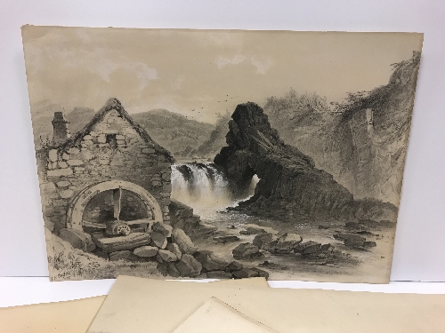 J H BURGESS (probably JAMES HOWARD BURGESS 1817-1890) "The watermill", pencil heightened with white, - Image 2 of 2