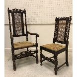 A set of seven early 20th Century carved oak framed dining chairs in the Carolean taste with caned