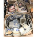 Two boxes of assorted blue and white and 19th Century decorative china wares