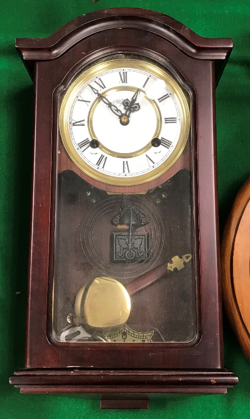 A modern pine mounted battery operated wall clock, the dial inscribed "B.A Watson N.E Rly No. - Image 3 of 3