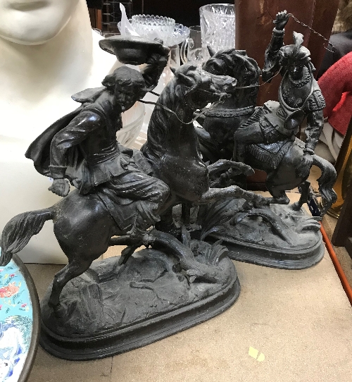 A pair of patinated spelter figures of horsemen, each approx 33. - Image 3 of 6