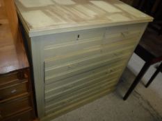 A circa 1900 painted chest of two short over two long drawers on a plinth base,