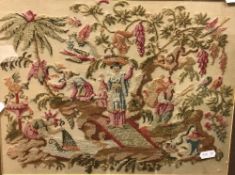 An early 19th Century woodwork embroidery of a "Chinoiserie Garden Scene with Woman Catching Carp