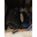 Two wooden bound trunks, together with various suitcases, camera cases, etc,