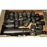 A box containing 22 various camera lenses including a Sigma Super Tele multi-coated 1:5.