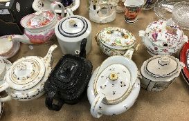 A collection of tea wares to include English famille-rose chinoiserie decorated oval teapot, No'd.