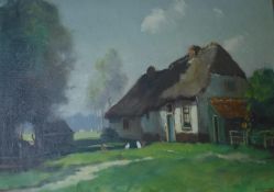 H VAN LEEHWEN ? "Thatched cottage with chickens in foreground", oil on canvas,