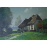 H VAN LEEHWEN ? "Thatched cottage with chickens in foreground", oil on canvas,