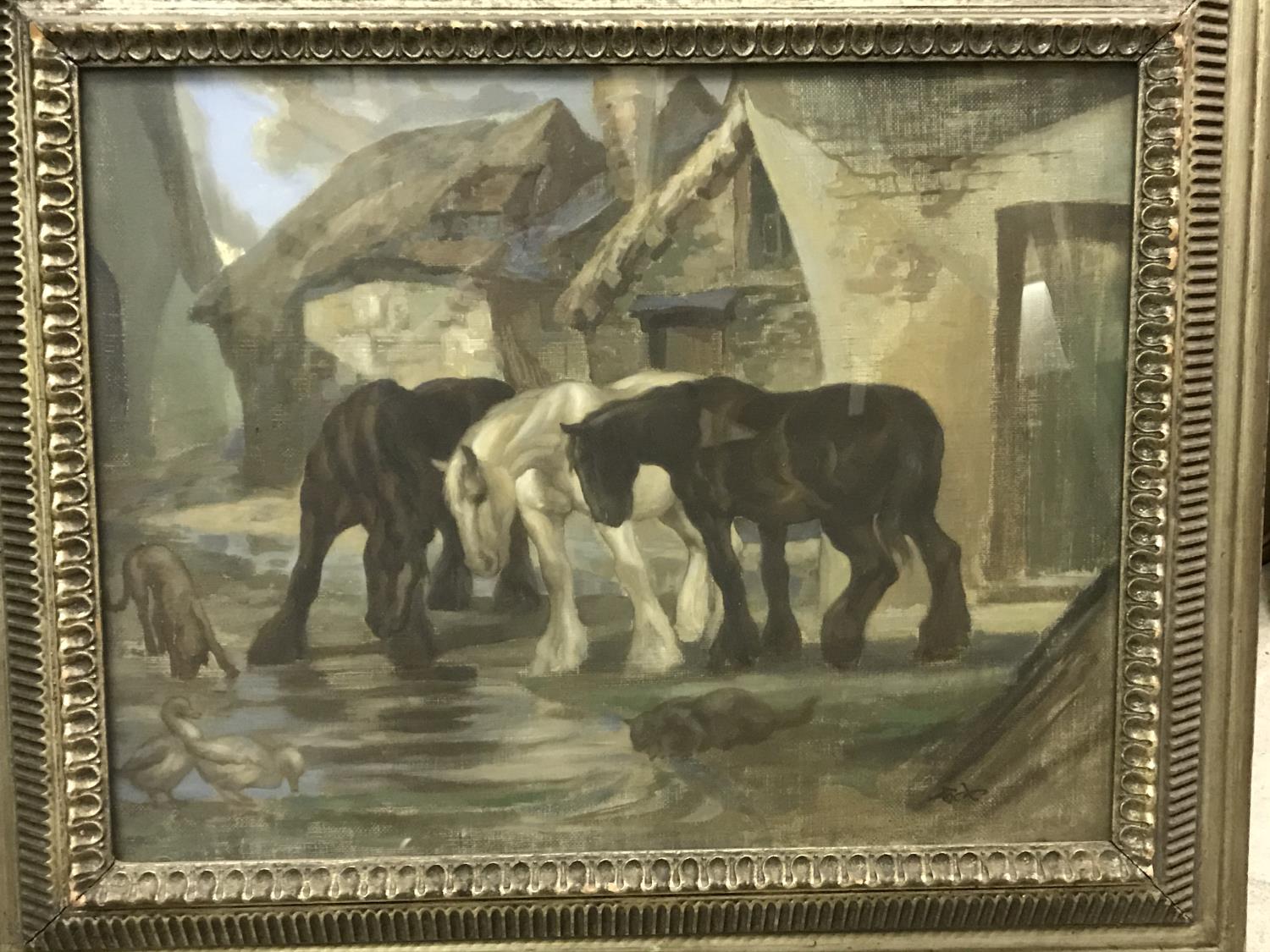 COX (or JOCK?) "Farmyard scene with heavy horses, dog, cat and ducks" oil on canvas,
