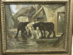 COX (or JOCK?) "Farmyard scene with heavy horses, dog, cat and ducks" oil on canvas,