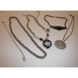 Six various necklaces to include silver mounted pierced ball and opal necklace,