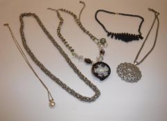 Six various necklaces to include silver mounted pierced ball and opal necklace,