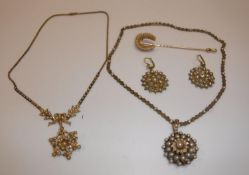 A collection of seed pearl jewellery yellow metal mounted including flowerhead brooch as a pendant