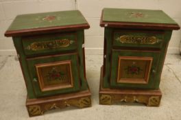 A pair of modern Voglauer painted pine bedside cabinets with drawer over cupboard door on a bracket