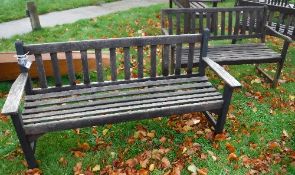 A slatted teak garden bench seat, 158 cm wide together with another similar, 127.