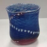 A Siddy Langley glass vase of ovoid baluster form in blue and red with white dot decoration,