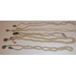 A single strand pearl necklace with opal and simluated diamond clasp, 46 cm long,