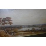 JOHN VARLEY "Extensive river landscape with figures in foreground and sheep", watercolour,