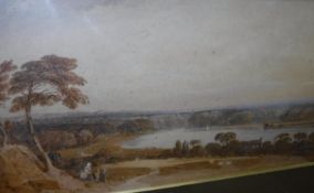 JOHN VARLEY "Extensive river landscape with figures in foreground and sheep", watercolour,