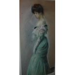 ENGLISH SCHOOL "Study of Edwardian lady in green balldress", pastel drawing, unsigned,