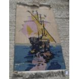 An Art Deco Chinese rug with ship design in yellow and blue colour way approx.