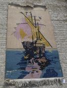 An Art Deco Chinese rug with ship design in yellow and blue colour way approx.