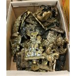 A box containing a collection of various brass door knockers including figural examples - Chaucer
