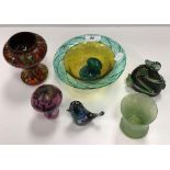 A “The Melting Pot Glassworks” studio glass bowl in green and yellow,